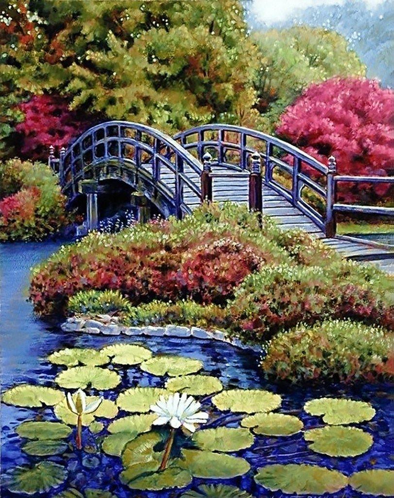 Japanese Garden WD096 Diamond Painting Kit featuring a self-adhesive canvas, square acrylic diamonds, and essential crafting tools.